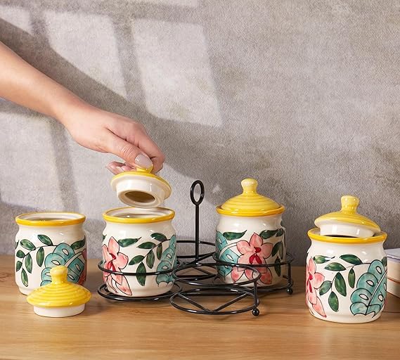 Image of Niyara Handcrafted Ceramic Pickle Jar Set, Premium Metal Tray & Lids - Multipurpose Storage for Pickles, Chutneys, Spices & Condiments (Flower, Set of 4)