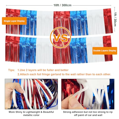 Image of 4 Pack 39 Feet Foil Fringe Garland Metallic Tinsel Streamers Banner Wall Hanging Fringe Backdrop Banner for Parade Floats Wedding Birthday Party Decoration (Royal Blue Red White)