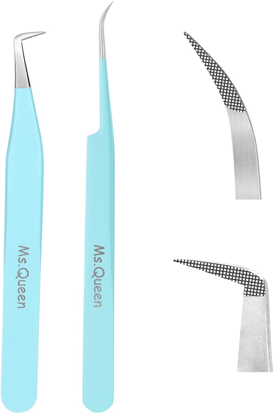 Ms.Queen Lash Tweezers for Eyelash Extensions,Professional 5Pcs Fiber Tip Curved Isolation 45 90 Degree Boot Volume Lash Tweezers for Extensions, Blue