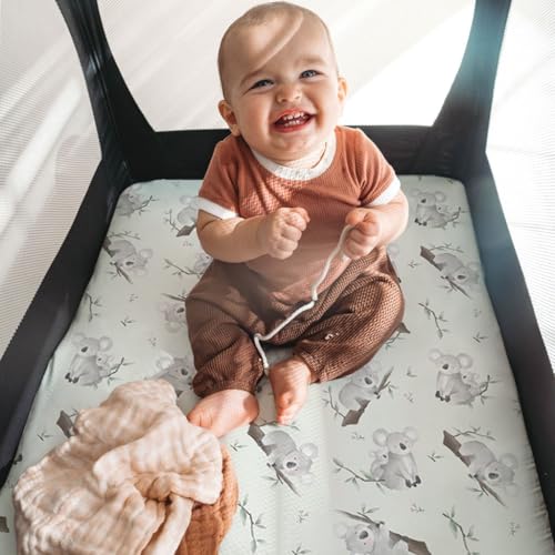 Image of Pack n Play Sheets, BROLEX 2 Pack Mini Crib Sheets,Stretchy Portable Fitted Playard Sheet Set, Convertible Playard Mattress Cover,Ultra Soft Breathable Material,Koala & Foliage
