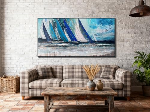 Arjun Framed Wall Art Blue Large Sailboat, Nautical Abstract Canvas Painting for Living Room 48"x24", Teal Coastal Picture Artwork Bedroom Home Office Wall Decor - Image 3