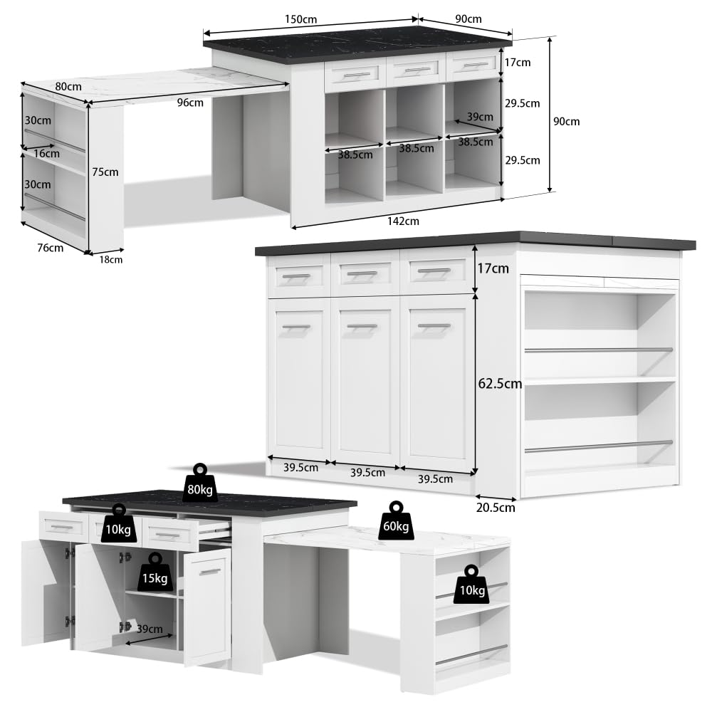 Seyakany Îlot de Cuisine Multifonctionnel avec Table à Manger Extensible Blanche de 150 cm + 96 cm, Plan de Travail/Table en Bois marbré Noir/Blanc, armoires de Rangement intégrées