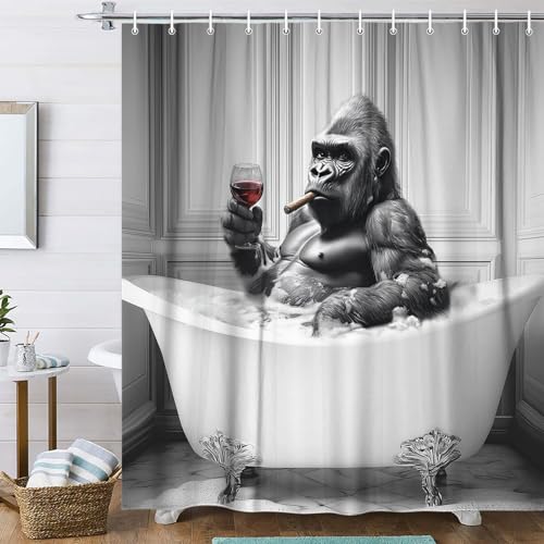 Image of Funny Monkey Shower Curtain, 70x70IN, Grey, Polyester, Waterproof, Modern Style, Boys Men Masculine Bathroom Decoration