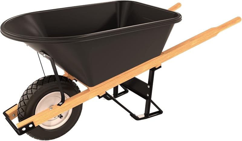 Bon 28 704 Premium Contractor Grade Poly-Tray Single Wheel Wheelbarrow with Wood Handle and Flat Free Tire, 5-3/4 Cubic Feet