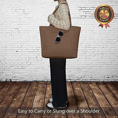 Image of TOPDesign 1-Pack Canvas Tote Bag with an External Pocket, Reusable Grocery Shopping Bag, Top Zipper Closure, Daily Essentials (Brown)