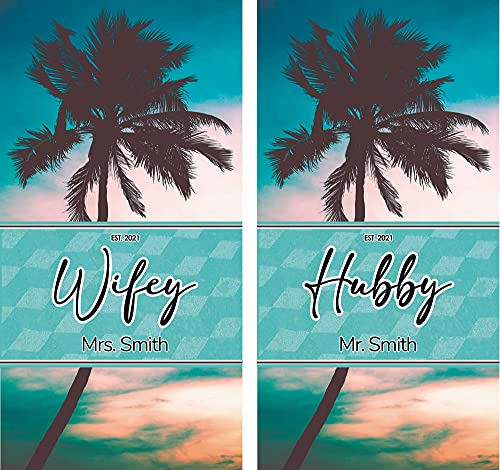 Mr and Mrs Personalized Beach Towels for Men & Women Set of 2 Microfiber Cotton - 30x60 Large Couple Beach Towels for Bride & Groom - Gift for Newly Wed, Wedding, Honeymoon (Palm Seven)