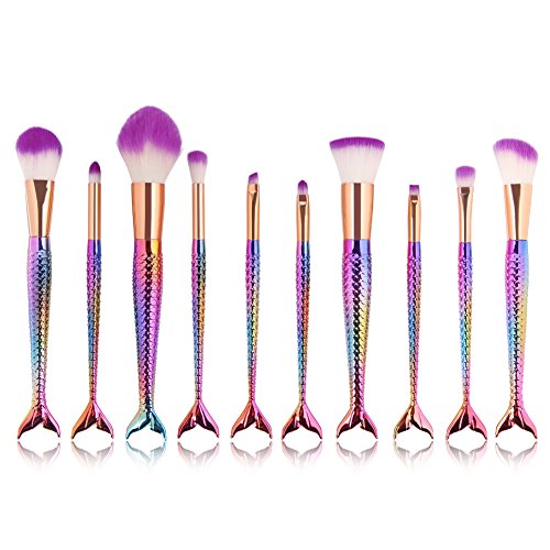 Mermaid Makeup Brush Set, Coshine 10pcs/set Colorful Rainbow Unique Mermaid Makeup Brush Set Cosmetic Tools Kits