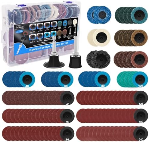 136 PCS 2 Inch Die Grinder Sanding Discs Bits Accessories, Quick Change Disc with 1/4 Roll Lock for Milwaukee Dewalt Right Angle Die Grinder M12, Drill Sanding Attachment Surface Conditioning Tool