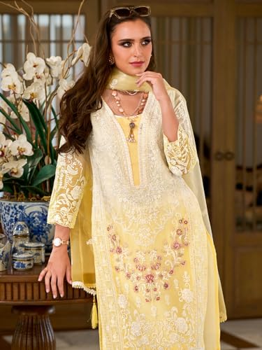Image of INDO ERA Womens Organza Embroidered Straight Kurta Pant Dupatta Set (IEOUT10602)