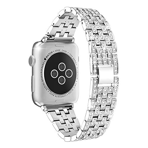 YUNSHU Rhinestone Diamond Apple Watch Band Replacement for Apple Watch Series 5/4/3/2/1 42mm 44mm iWatch Bling Metal Jewelry Dressy Wristband Strap-(Silver)