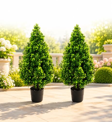 2PACK Buchsbaum Künstlich im Topf 70cm Künstliche Buchsbaum Pyramide Outdoor Indoor Dicht Belaubter Topiary Baum mit Topf Grün Busch Kunstpflanze for Haustür Eingang Balkon Terrasse Garten Door