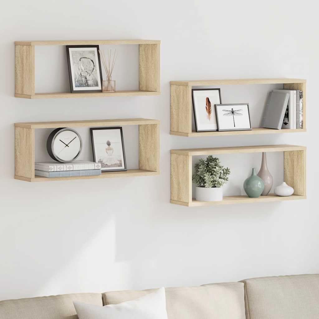 Set di 4 mensole da parete in rovere Sonoma, 60 x 15 x 23 cm, scaffali sospesi in legno, a cubo, per soggiorno e corridoio, scaffali sospesi per libri e decorazioni