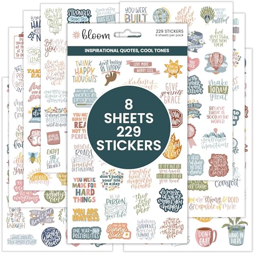 bloom daily planners Inspirational & Motivational Quotes Planner Stickers (8 Sheets / 200+ Stickers) - Hand-Lettered Positive Cute Aesthetic Quotes for Decorating, Planning, Scrapbooking - Cool Tones