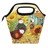 ALAZA Lunch Tote Bag Nature Farm Life Rooster Hen Chickens Insulated Cooler Thermal Reusable Bag, Sunflower Bird Country Rooster Summer Spring Lunch Box Portable Handbag for Men Women Kids Boys Girl