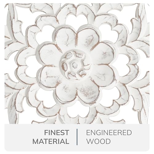 Image of JFY Designs Carac Hand Carved Wood Medallion Wall Panels Bedroom Decor | Wall Mount Floral Sculpture Wall Art for Living Room, Bedroom Set, White Distressed Finish, Rectangular 16 x 36 inch