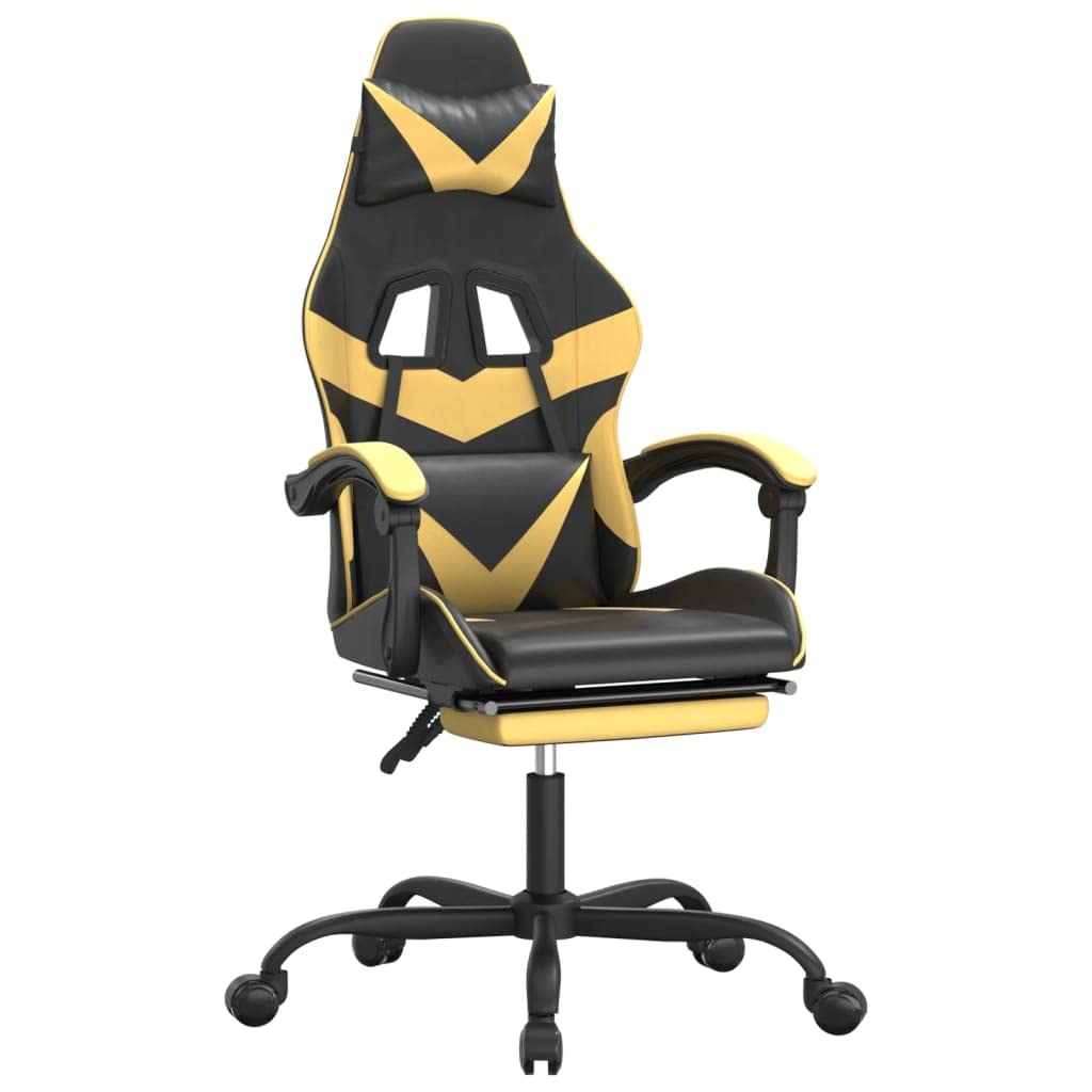Drehbarer Gaming-Stuhl mit Fußstütze und Kissen aus Kunstleder in Schwarz & Golden, verstellbare Rückenlehne und Höhe, 360° drehbar, Robustes Metallgestell, max. 110 kg