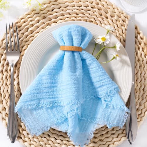 Image of MLMC 6 Pack Baby Blue Cloth Napkins with Fringe Boho Linen Napkins Washable Reusable Rustic Dinner Table Decor 17 inchx17 inch for Wedding Party Bridal Baby Shower Gender Reveal Decor
