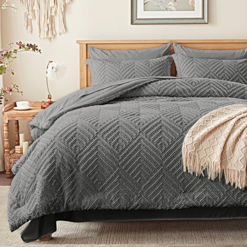 Zzlpp Queen Comforter Set 7 Pieces, Dark Grey Tufted Bed in a Bag with Comforter and Sheets,All Season Boho Bedding Sets with Comforter, 2 Pillow Shams, 2 Pillowcases, 1 Flat Sheet, 1 Fitted Sheet