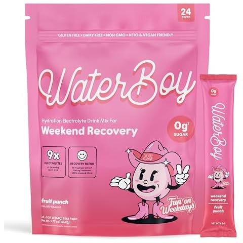 Waterboy Weekend Recovery x FOW | 3,200mg Electrolyte Powder Packets | Ginger + L-Theanine + Vitamins | No Sugar, All Natural, Gluten Free | 24 Drink Stick Mixes (Fruit Punch) Cover