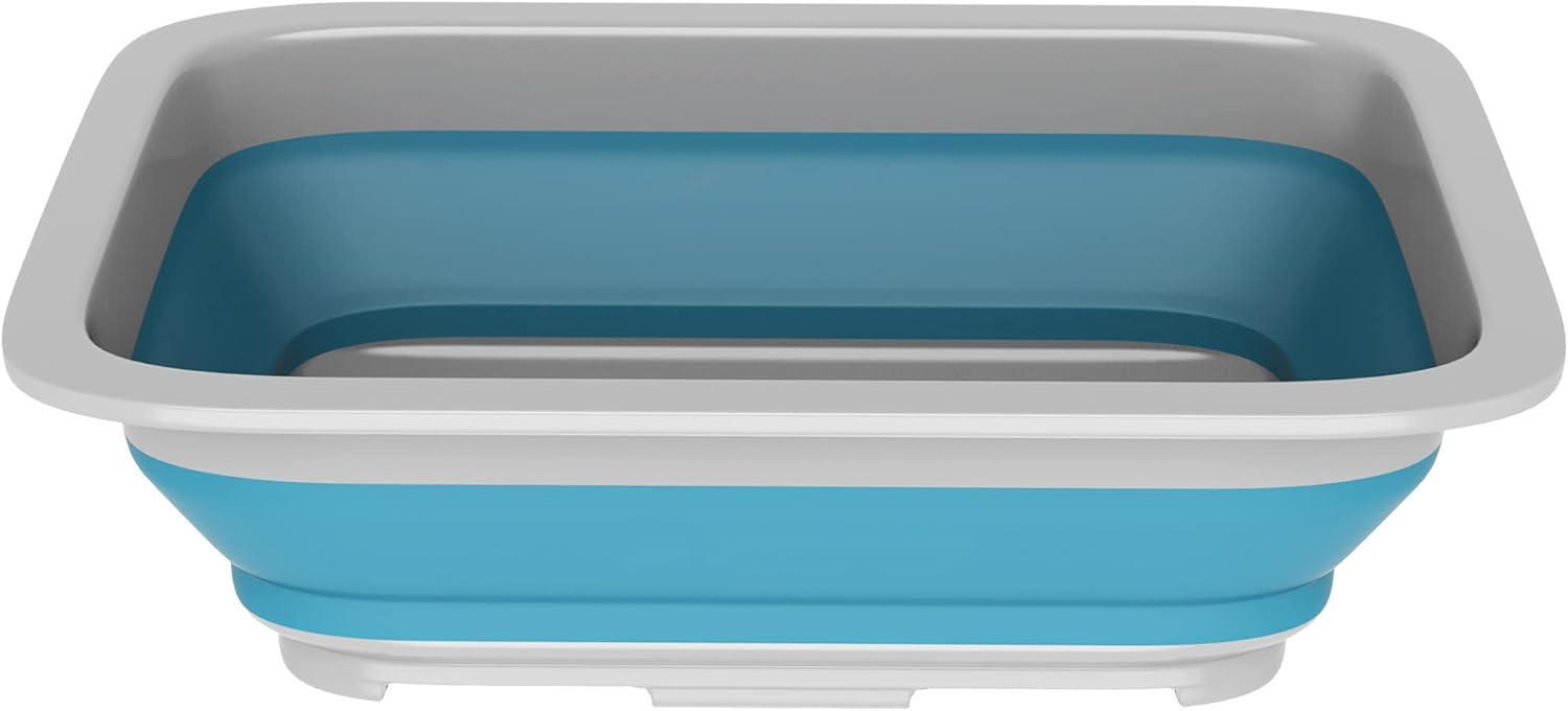 Expanded blue and gray collapsible camp sink.