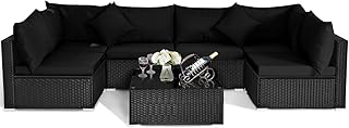 Tangkula 7 Piece Patio Furniture Set, Outdoor Sectional Sofa w/Pillows and Cushions, Wicker Sofa Conversation Set with Cof...