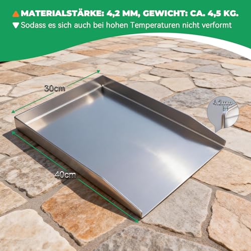 WELL GRILL 30x40CM Plancha Grillplatte mit Grillspachtel Schaber set, Massiv aus 4.2mm Universal BBQ Plancha Grill Grillplatte Edelstahl für die meisten Gasgrill und Holzkohlegrill 2