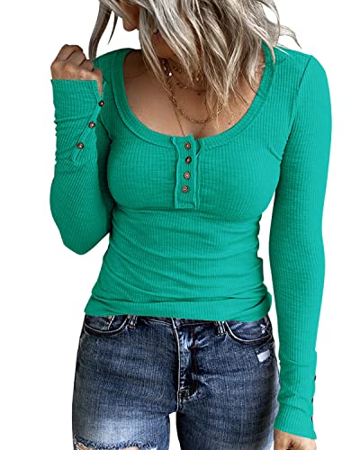 Image of KINLONSAIR Women Long Sleeve Henley Shirts Scoop Neck T-shirt Basic Tops