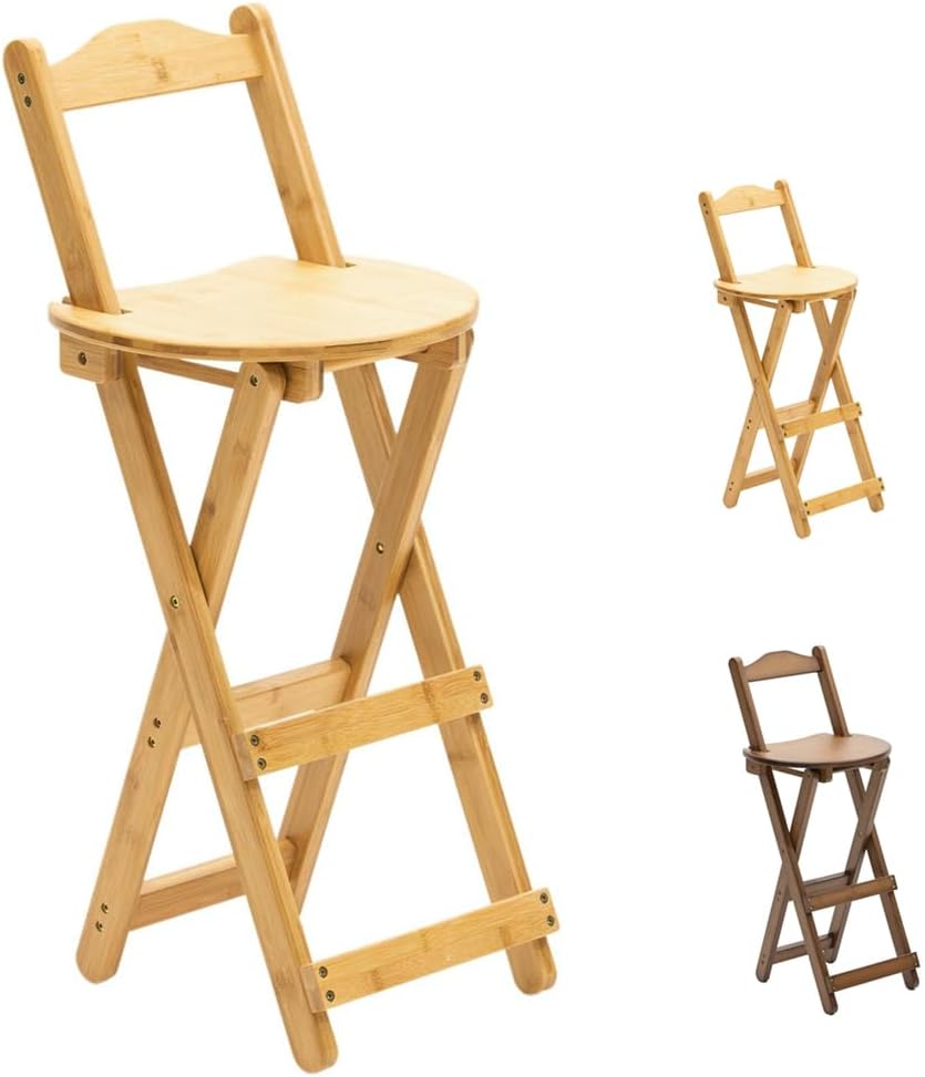 Folding Bar Stool Bamboo Counter Height Stool with Backrest Footrest, Portable Bar Chair Dining Chairs for Kitchen Garden Indoor Outdoor, No Assembly