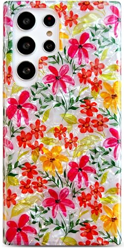 Qokey Flower Case for Galaxy S25 Ultra 6.9" 5G - Shiny Orange Red, 2025