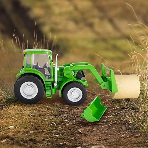 Big Country Toys Tractor & Implements, 1:20 Scale, Toy Tractor with Hay Bale and Bucket Attachment, Working Doors, Green, Ages 3 and Up