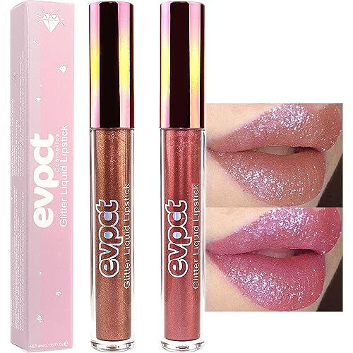 Image of evpct 2Pcs Nude Gold & Plum Red Matte to Glitter Liquid Lipstick Long Lasting Lip Set Kit for Women Diamond Shiny Glitter Sparkly Glossy Metallic Shimmer Sparkle Waterproof Lipstick Lip Gloss 14+15