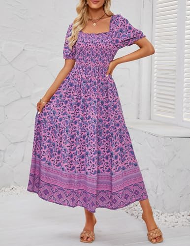Image of ZESICA Women's 2026 Summer Boho Floral Print Dress Square Neck Ruffle Swing Beach Vacation Long Maxi Dresses