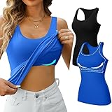 V FOR CITY Racerback Tank Tops with Built in Shelf Bras for Women Wide Strap Summer Camisole Cotton Yoga Cami Shirts Pack of 2 Black/Blue 2XL