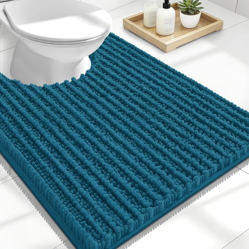 Image of OLANLY Toilet Rugs U Shaped 24x20, Thick Soft and Absorbent Chenille Contour Bath Mat, Non-Slip Rubber Backing, Machine Washable Quick Dry Toilet Mat, Home Decor Accessories, Peacock Blue