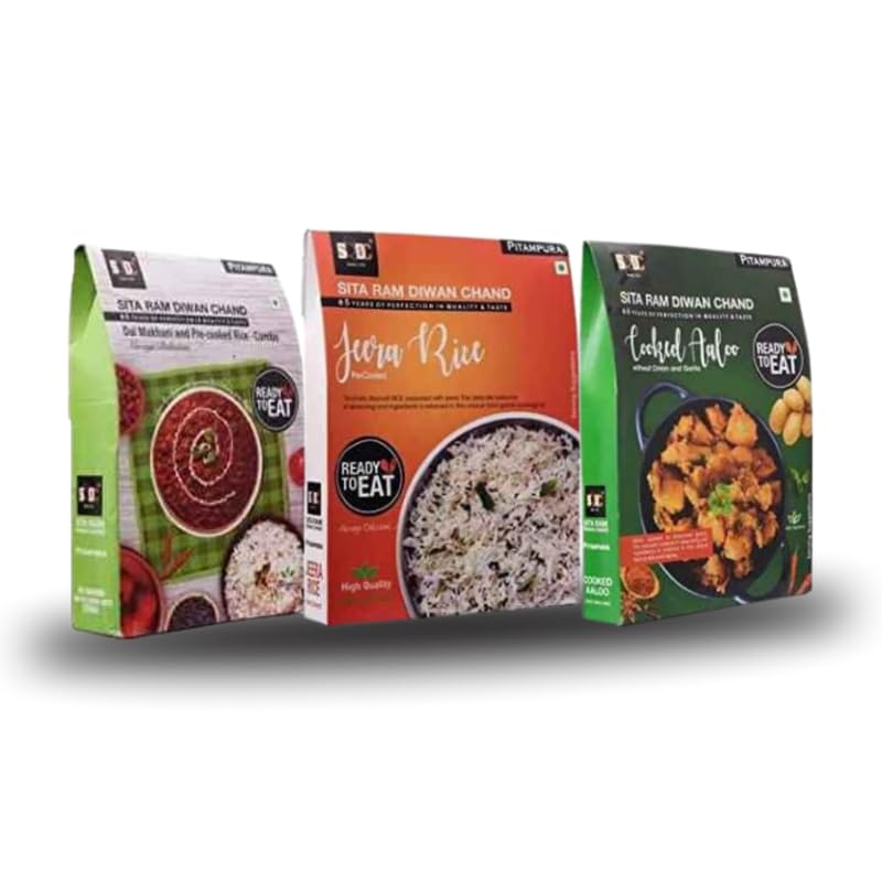 Sita Ram Diwan Chand Ready to Eat Dal Makhani and pre-cooked rice | Jeera Rice | Cooked Aaloo 300 Gram Each| No Preservatives |No Artificial Flavors| 100% Natural Ingredients | Tasty Snacks-Pack of 3