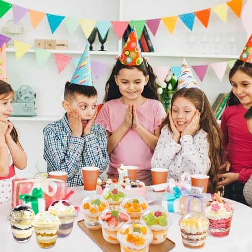Szsrcywd 100Pcs 10oz Plastic Dessert Cups with Dome Lids,50Pcs Disposable Clear Parfait Party Cup(No Hole) and 50Pcs Sporks,Snack Containers Bowls for Cake,Mousse,Milkshake,Yogurt,Ice Cream,Fruits