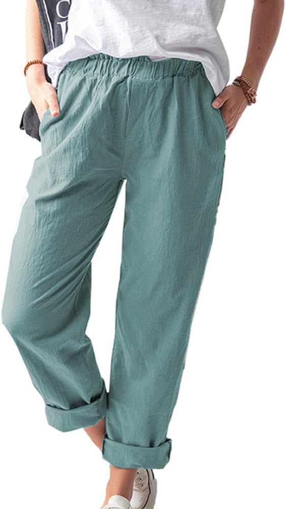 Ticticlily Femme Pantalon En Coton Lin Longue Large Jambe Élastique Avec Poches Pantalons Décontracté Ample Pantalon De Casual Plage Couleur Unie A Abricot XS