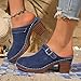 ZSpzx Women Heeled Sandals Platforms Leather Round Toe Mules Clogs Summer Dressy Buckle Straps Slippers Chunky High Heels Non Slip Trendy Solid Color Breathable Walking Vacation Shoes (Blue, 9.5)