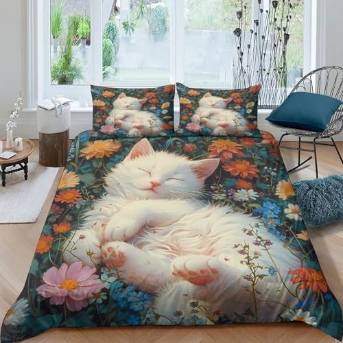 Housse de couette chat imprimé parure lit 140x200 microfibre