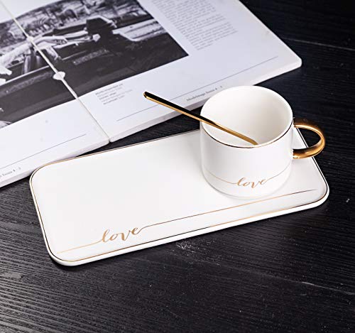TJ Gobal Porcelain Coffee Mug, Tea Cup with Saucer and Golden Spoon with Gold Scripted Love and Trim for Coffee Hot Chocolate, Cappuccino, and Latte, 8 Oz. (White)