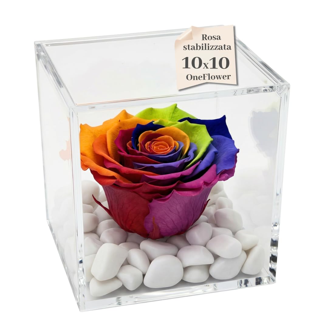 Cubo Rosa Stabilizzata Multicolor Profumata 10 cm, Rosa Rainbow Eterna Vera | Idea Regalo Natale,San Valentino Fidanzata, Amica, Compleanno, Bomboniera Laurea | Made in Italy Multicolor - 1810