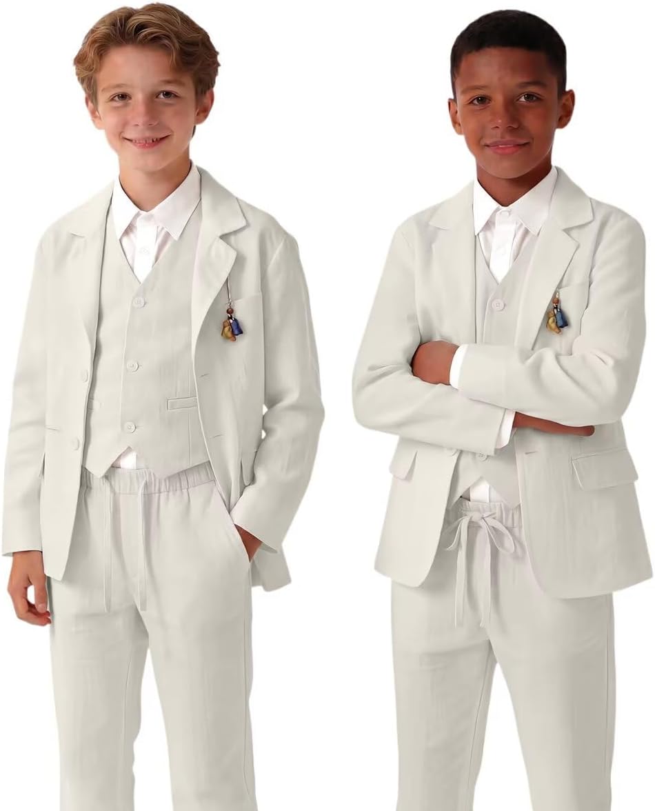 Retro Linen Boys Suit Slim Fit 5 Piece Sets Kids Wedding Outfit Linen Suits Casual Drawstring Tuxedo Set for Boy
