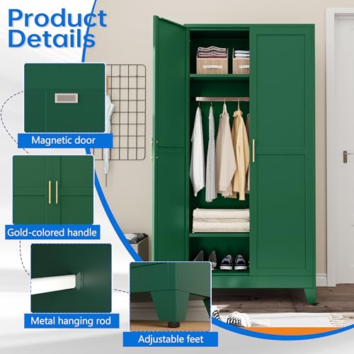 Green-71-Metal-Armoire-Wardrobe-Closet-Bedroom-Clothing-Storage-Cabinet-with-2-Drawers-and-Hanging-Rod-Freestanding-Armoire-Cabinet-with-Adjustable-Shelves Green 71 Metal Armoire Wardrobe Closet Bedroom Clothing Storage Cabinet with 2 Drawers and Hanging Rod Freestanding Armoire Cabinet with Adjustable Shelves