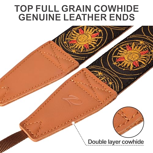 Image of Padwa Lifestyle Yellow Sun God Camera Strap - 2 inch Full Grain Leather Ends Camera Straps for Photographers, Vintage Embroidered Cotton Soft Suede Fabric Padded Strap Quick Release fits All Cameras