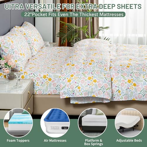 Bedlifes Queen Size Extra Deep Pocket Sheet Sets - Fits Mattresses Up to 18-24" Thick, 4-Piece Microfiber Set with 1800 Thread Count, Soft, Smooth, Breathable, Featuring Floral