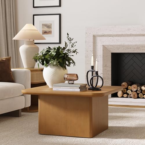 Image of Nathan James Rein Organic Modern Coffee Table, Rustic Wood Square Coffee Table with Rounded Edge, Pedestal Coffee Table for Living Room, Light Brown