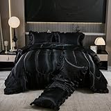 Black King Comforter Set Silk Like Satin Bedding Set Hotel Soft Polyester Black Bed Set Luxury Silky Body Pillow Cover with Quilt Set Ruffle Down Comforter Home Decor
