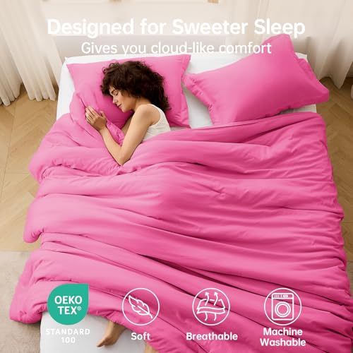 Image of MUXHOMO Oversized Queen Comforter Set, Lightweight Down Alternative Bed Set | All Season 3 Piece Bedding Set,Ultra Soft Down Alternative,Includes 1 Comforter 98x98 and 2 Pillow Shams 20x26,Hot Pink