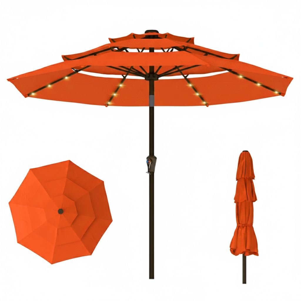 View 1 of 10ft 3-Tier Patio Umbrella with 32 Solar Powered LED Lights, Windproof Outdoor Market Umbrella for Deck, Poolside & Garden, Sturdy Push-Button Tilt Table Umbrella,Terracotta