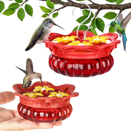 Fchstaer Set of 2 Glass Hummingbird Feeders for Outdoors Hanging with 3 Bee Guard Feeding Ports 3.4OZ Handheld Humming Birds Feeders for Outside Gifts for Women Mom Red